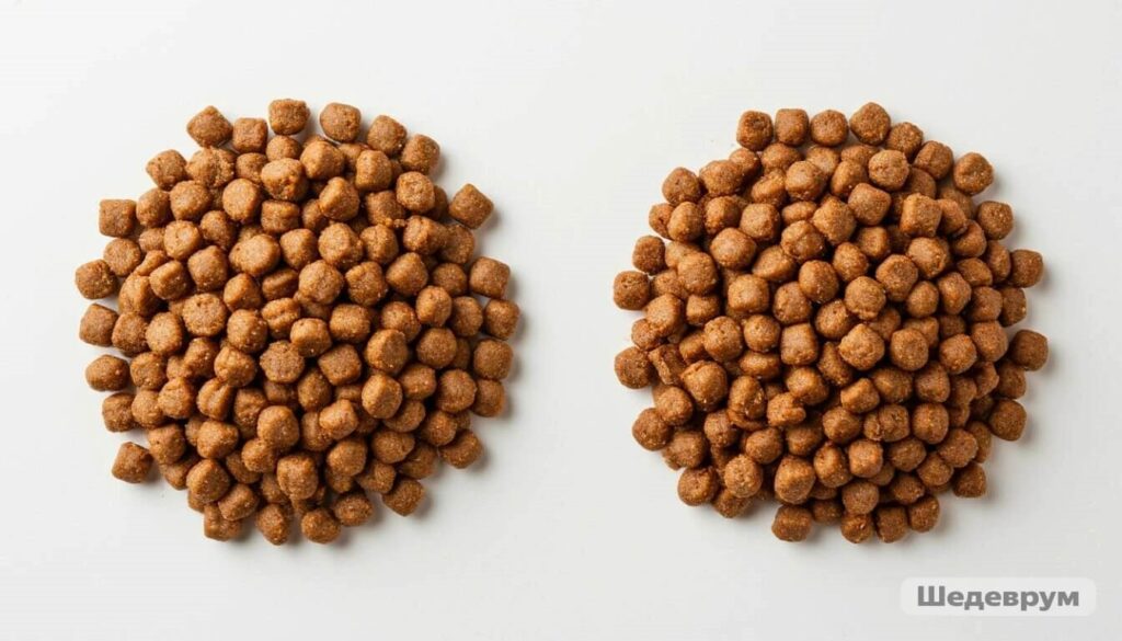 Comparison of puppy kibble sizes for small vs large breeds

