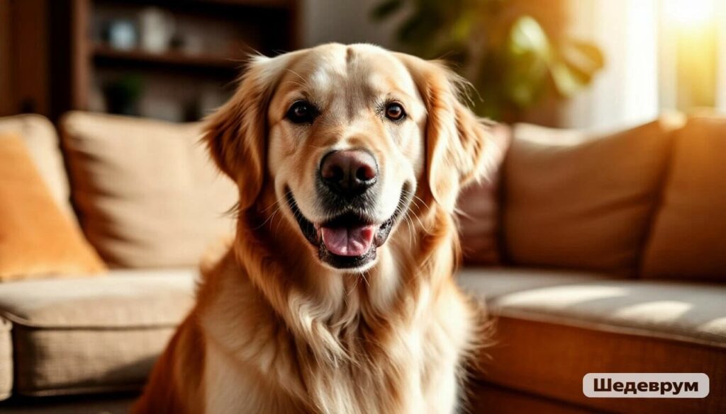 Happy senior Golden Retriever in a cozy home