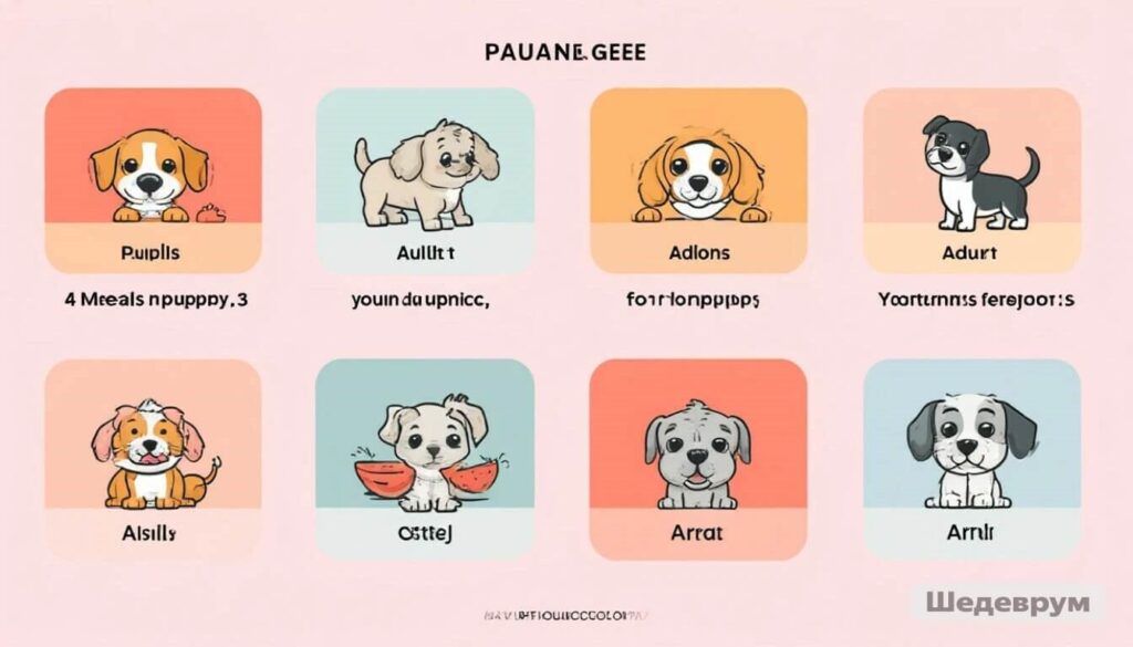 Infographic showing meal frequency by dog age: puppy, adult, senior