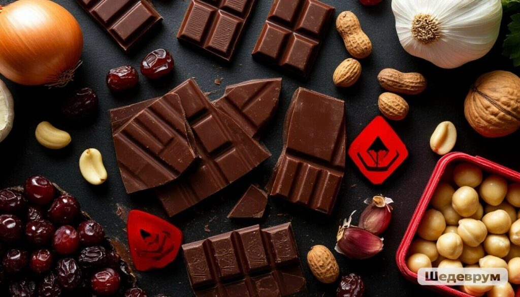 Toxic foods dangerous for dogs: chocolate, grapes, onions, garlic, macadamia nuts, xylitol