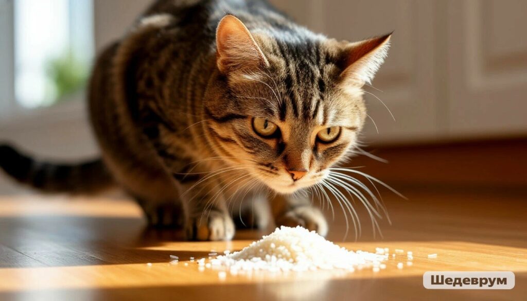 Curious cat inspecting a single grain of cooked rice