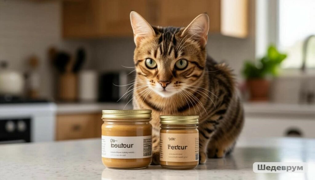 Cat curious about a jar of peanut butter