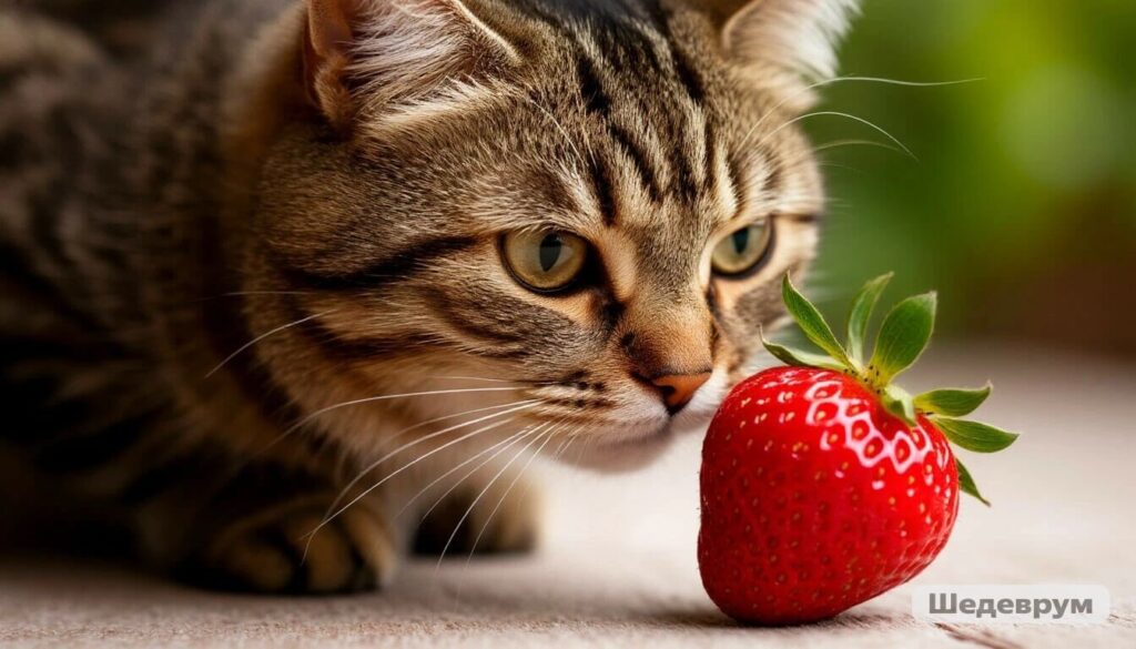 Curious cat sniffing a ripe strawberry