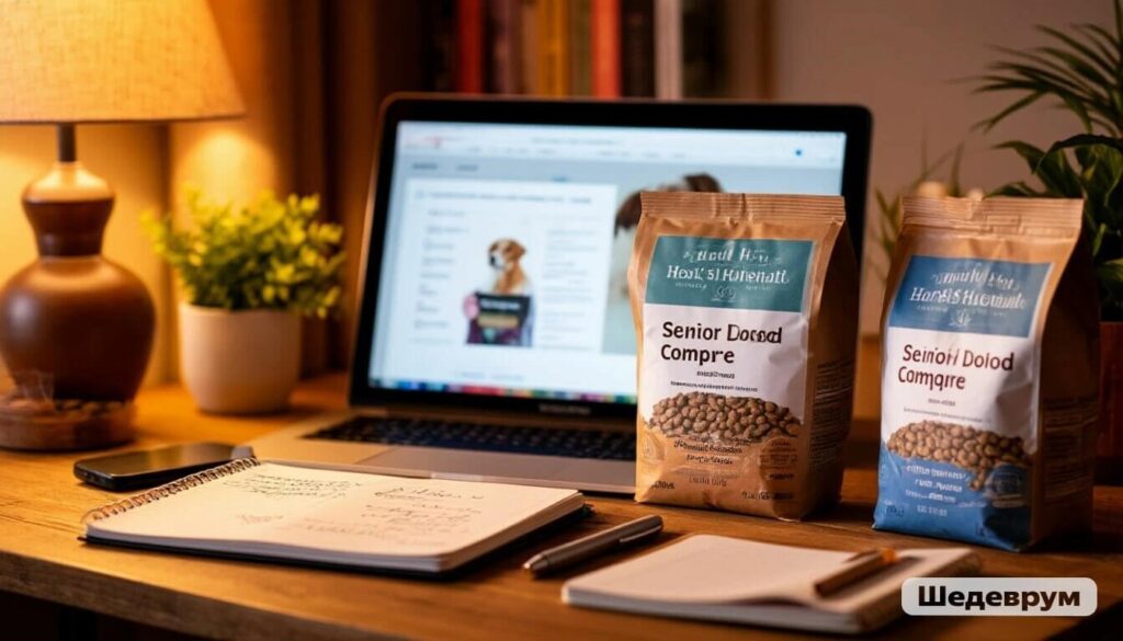 Comparing senior dog food options at home with research notes