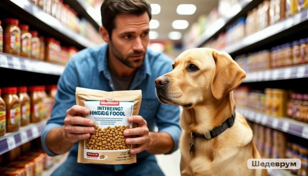 Owner reading dog food ingredient label carefully