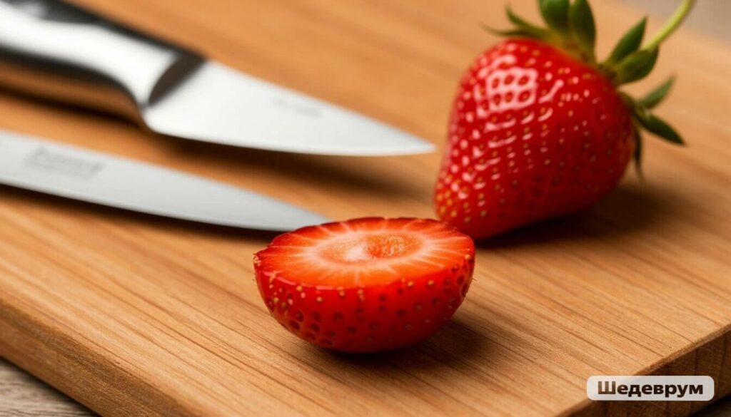 A hulled strawberry and knife ready for safe preparation