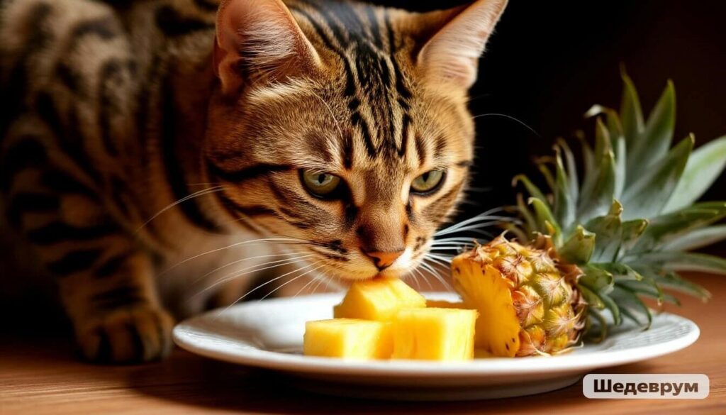 Cat showing distaste for a piece of fresh pineapple