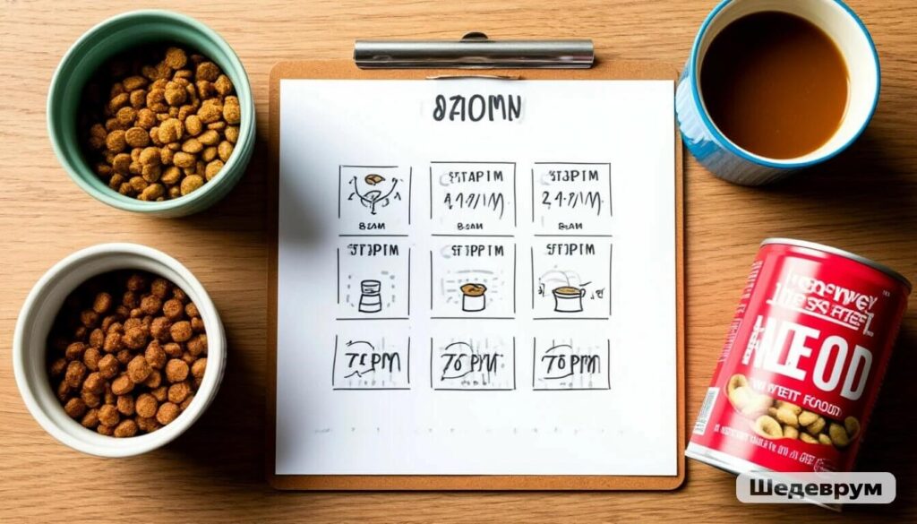 Infographic of a sample 3-meal daily cat feeding schedule