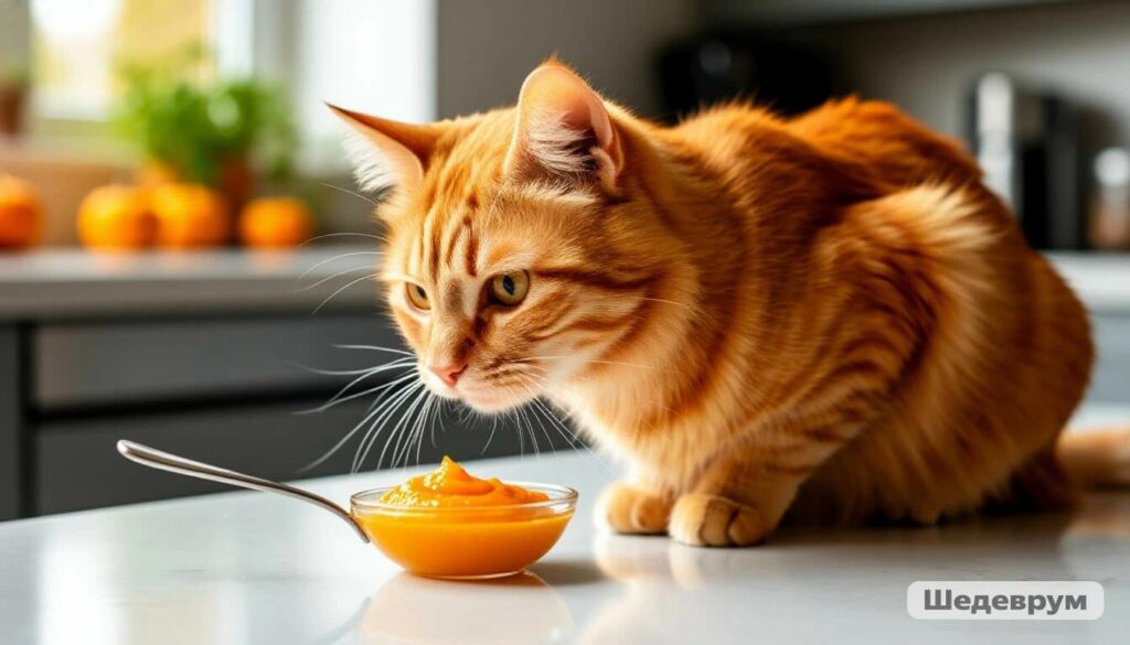Curious Tabby cat sniffing plain pumpkin puree