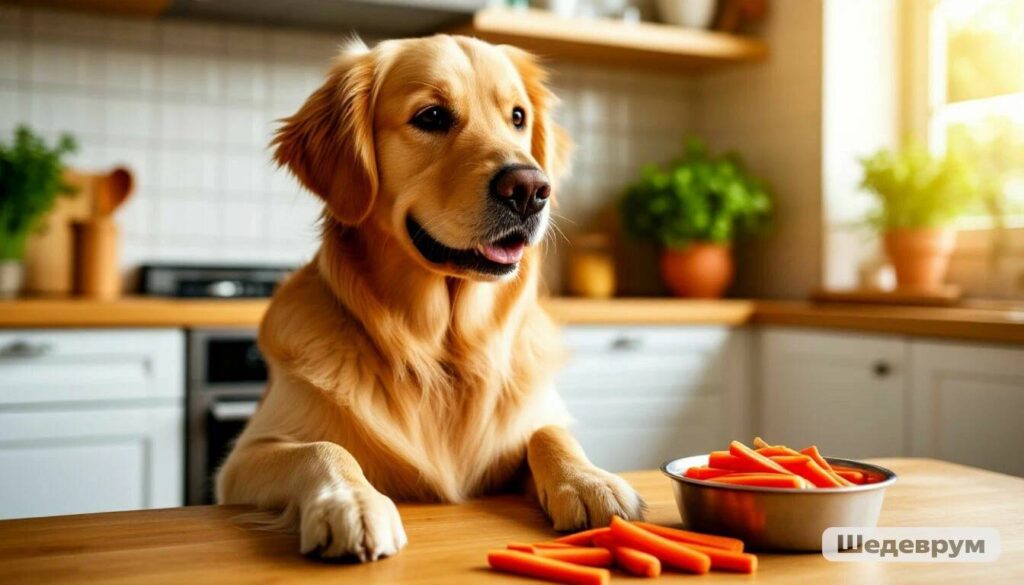 Golden Retriever eating a carrot on a green lawn