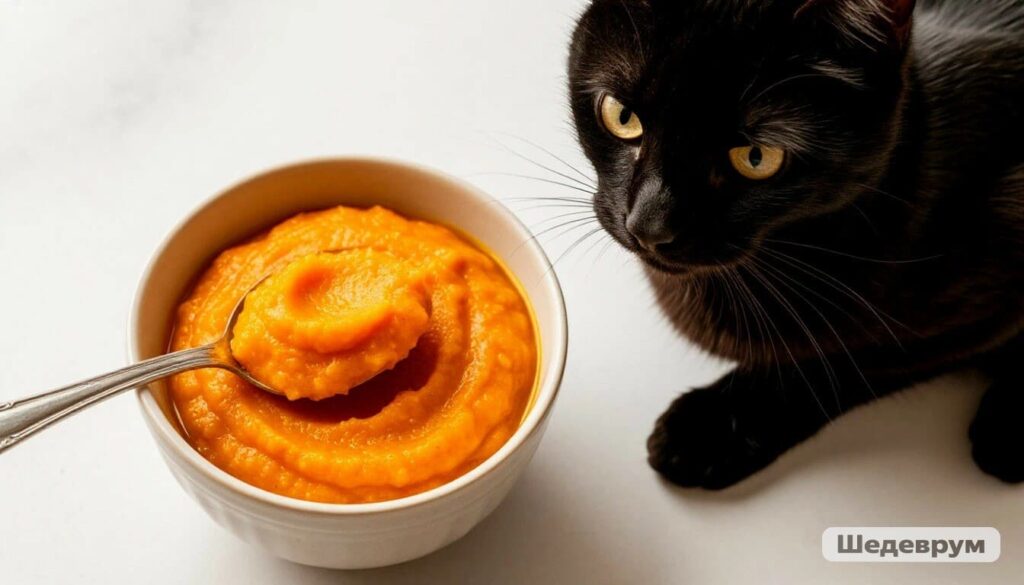 Curious cat sniffing plain pumpkin puree – can cats eat pumpkin safely?