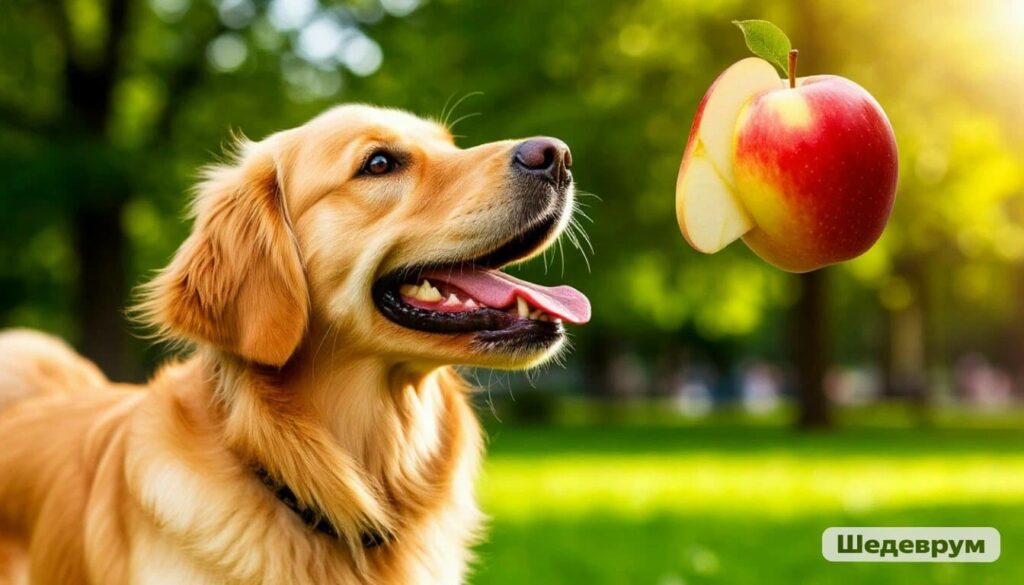 Golden Retriever catching a fresh apple slice