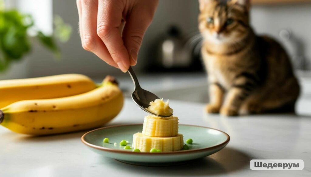 Preparing a tiny pea-sized portion of banana for a cat