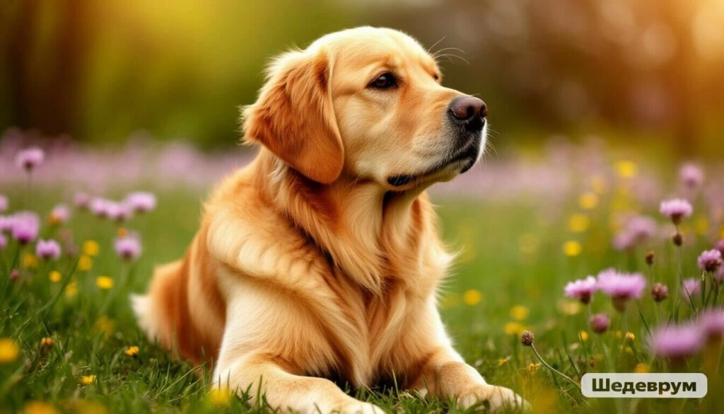 Golden Retriever with seasonal allergies scratching ear in spring field