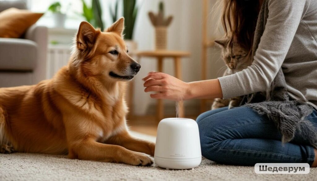 Calming stressed pet with pheromone diffuser and gentle touch