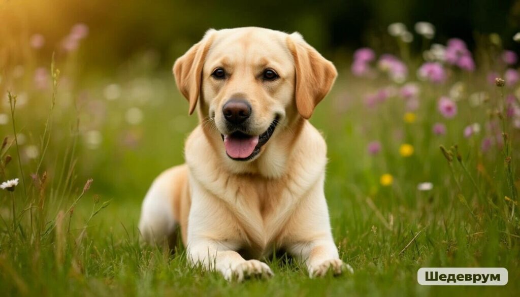 Golden Retriever with seasonal allergies scratching ear in spring field