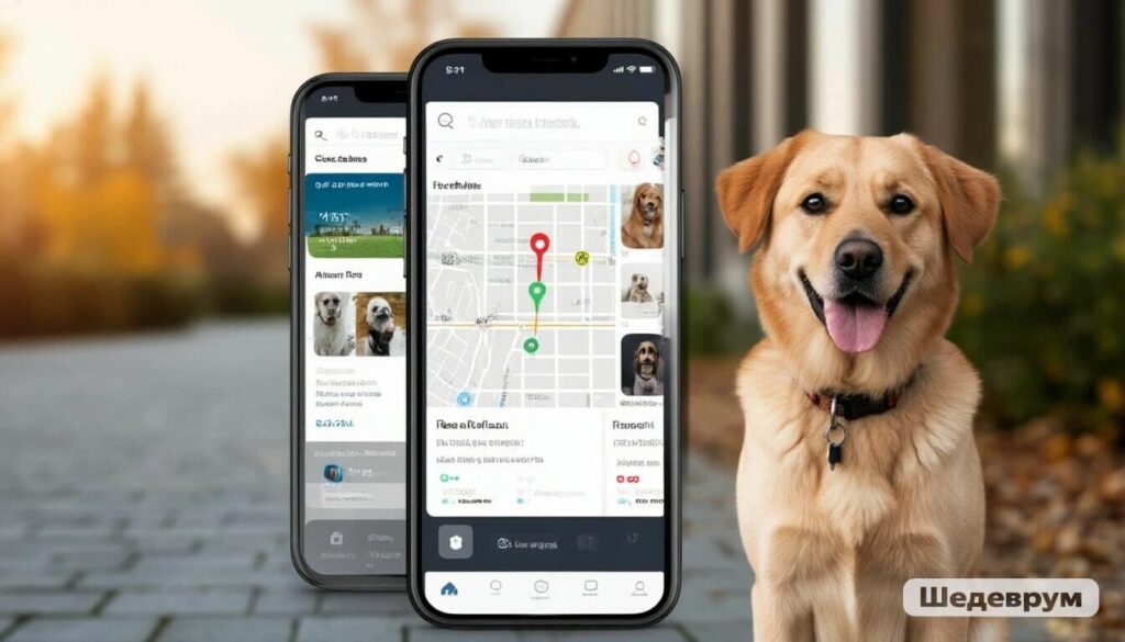 Mobile app interface for GPS dog tracker showing location map and activity data