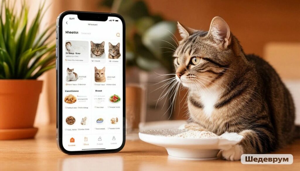 Mobile app interface for smart cat feeder showing multi-cat profiles