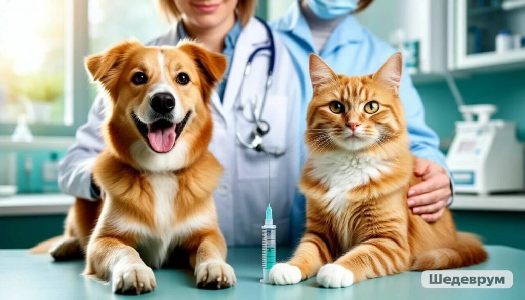 Pet vaccination schedule 2026 guide with dog and cat at vet clinic