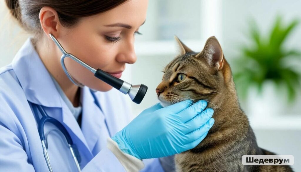Veterinarian checking cat's ear for allergy signs