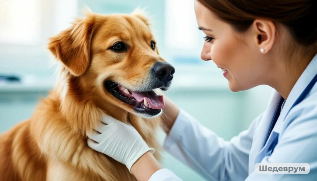 Veterinarian examining healthy dog for vaccination