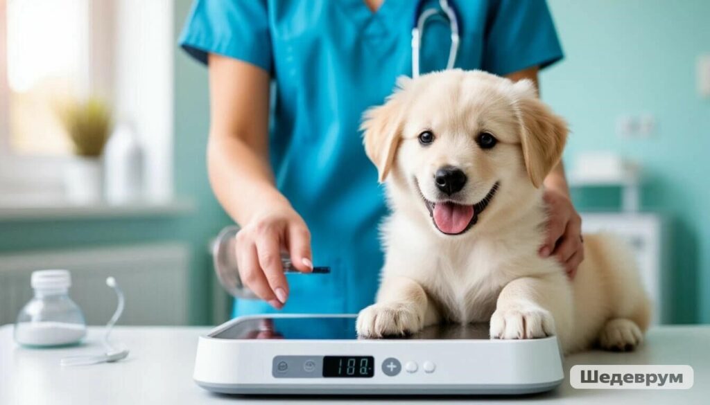 Veterinarian weighing puppy to monitor growth