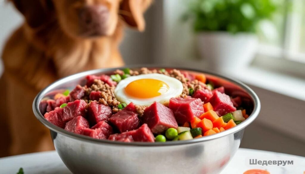 Best raw dog food 2026 — balanced raw meal with meat, organs, vegetables and eggs in a stainless steel bowl