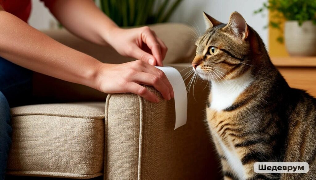Protecting furniture with sticky tape while training cat